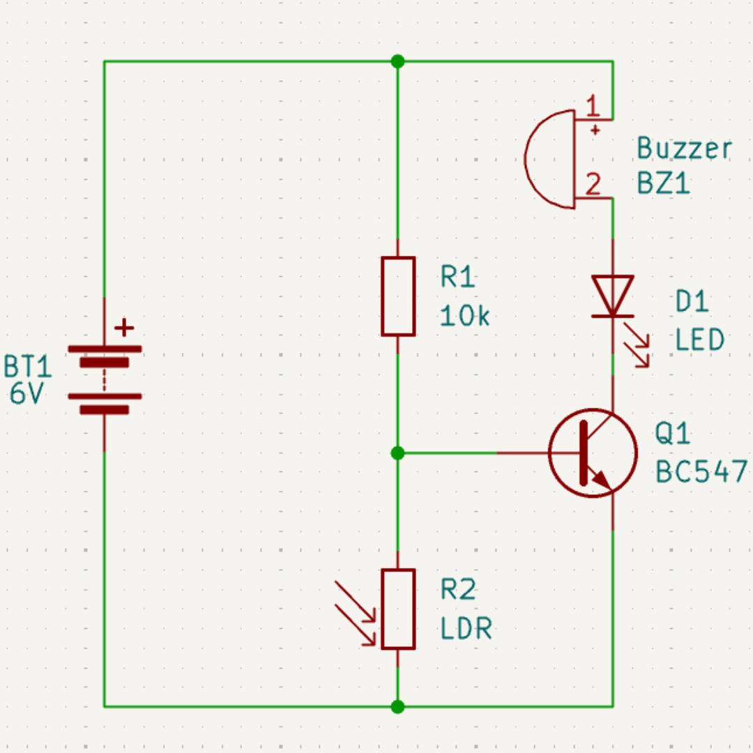 Circuit schematic showing LDR voltage divider into a BC547 transistor base, with buzzer and LED on the collector