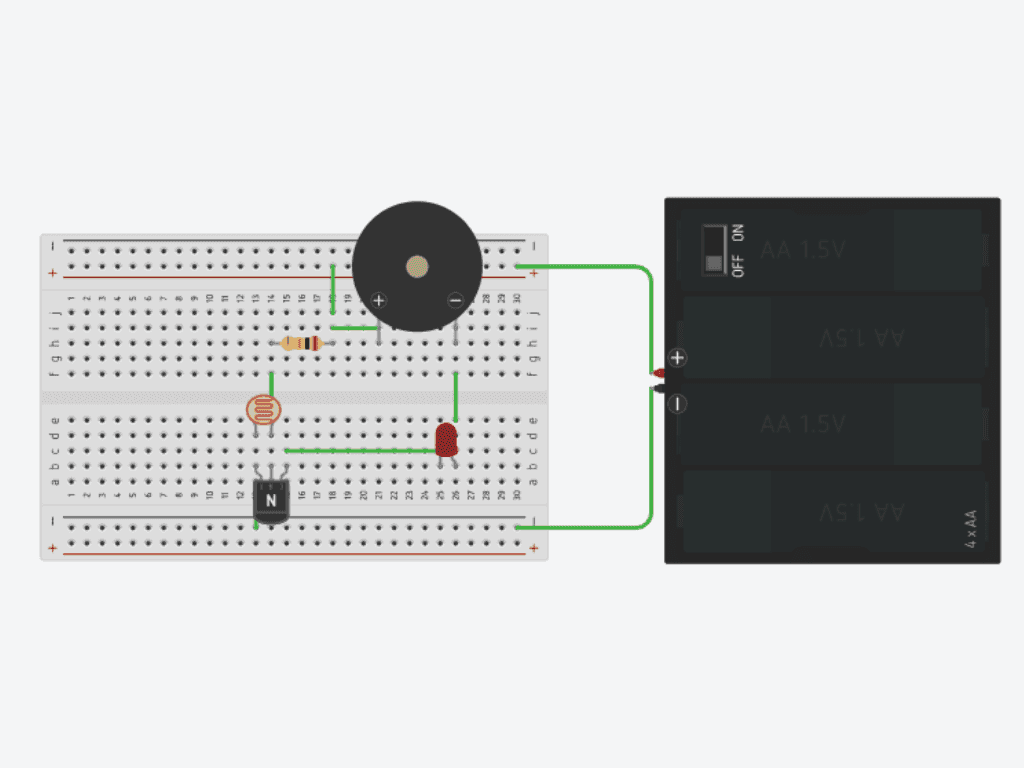 Tinkercad breadboard layout of the laser alarm circuit