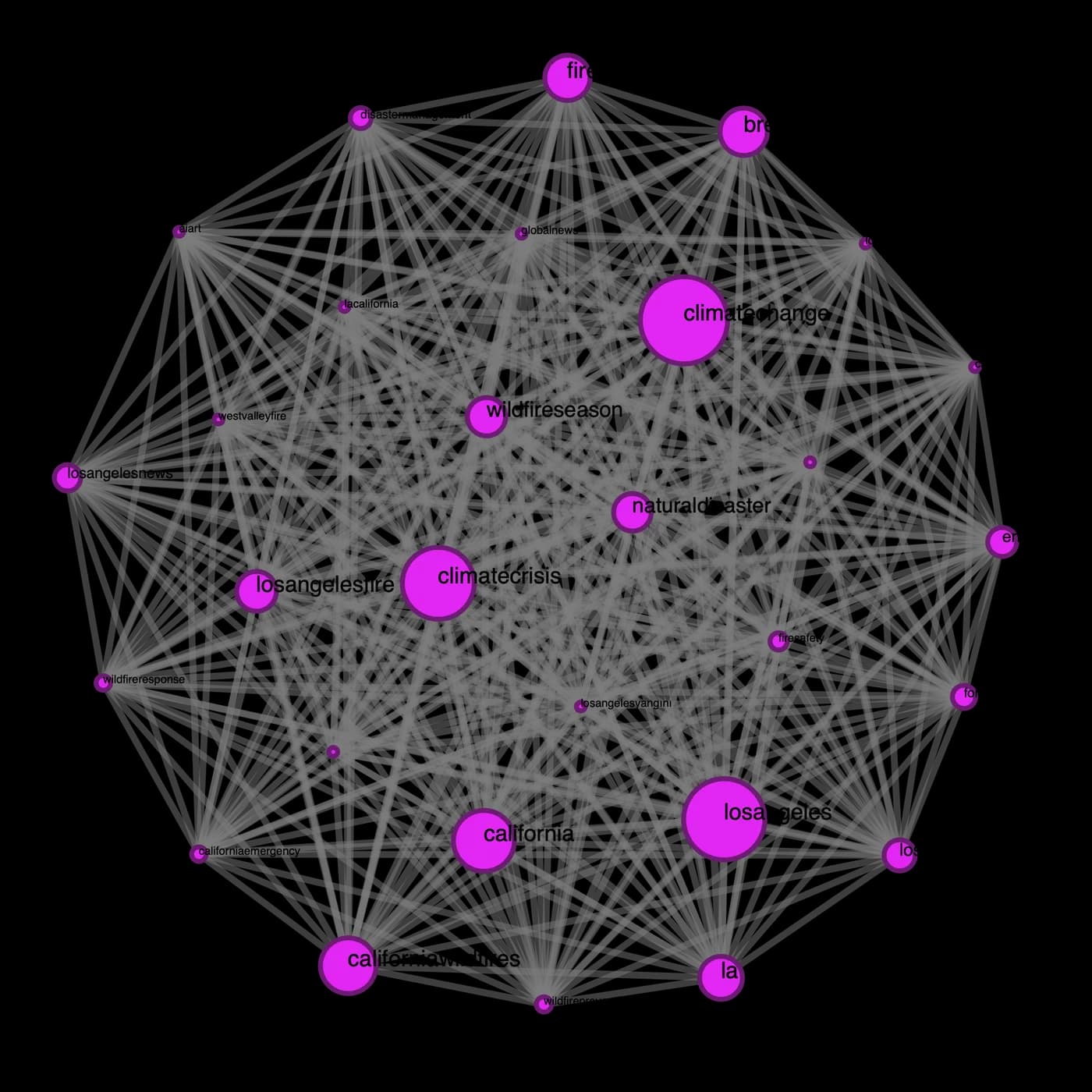 Second hashtag network view showing peripheral community clusters