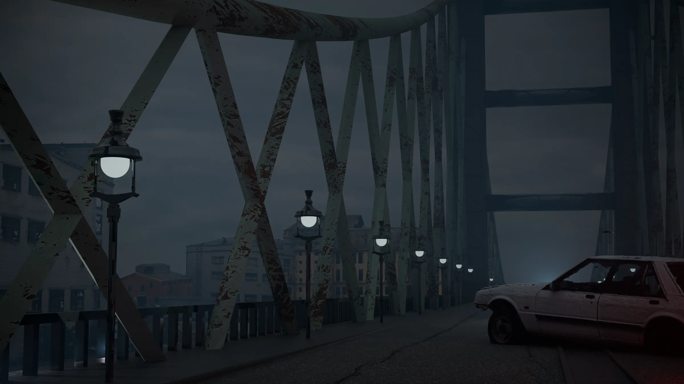 Moody urban bridge at dusk, composited