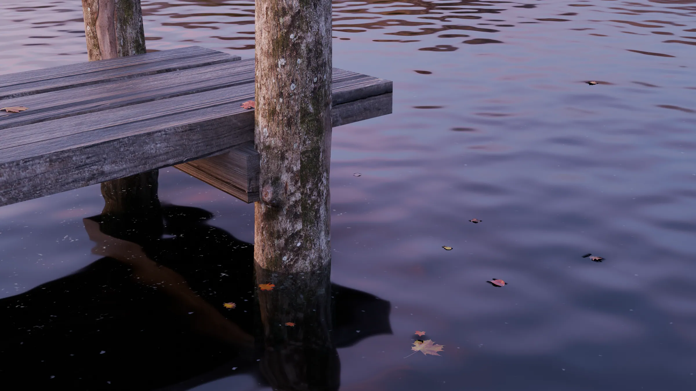 Wooden pier over murky water with foam and floating leaves