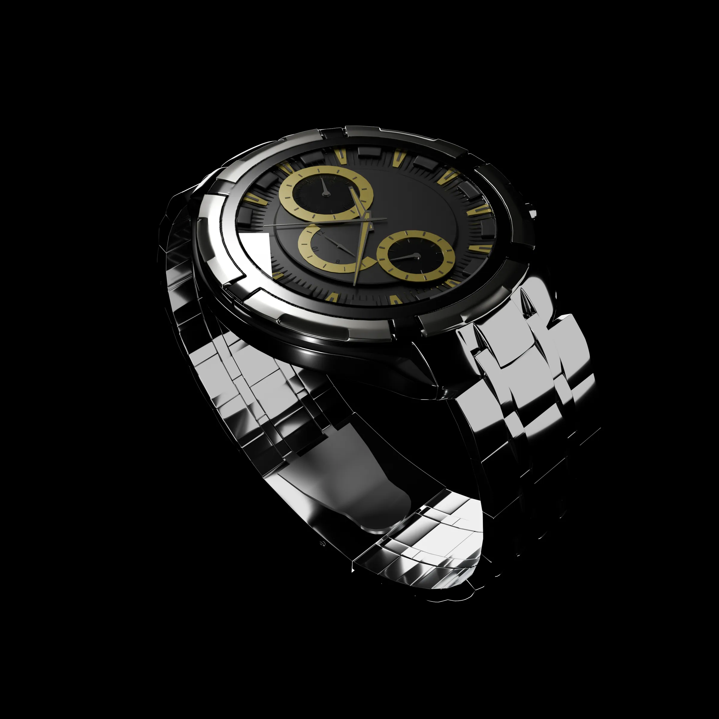 Chronograph watch product render, brushed steel case