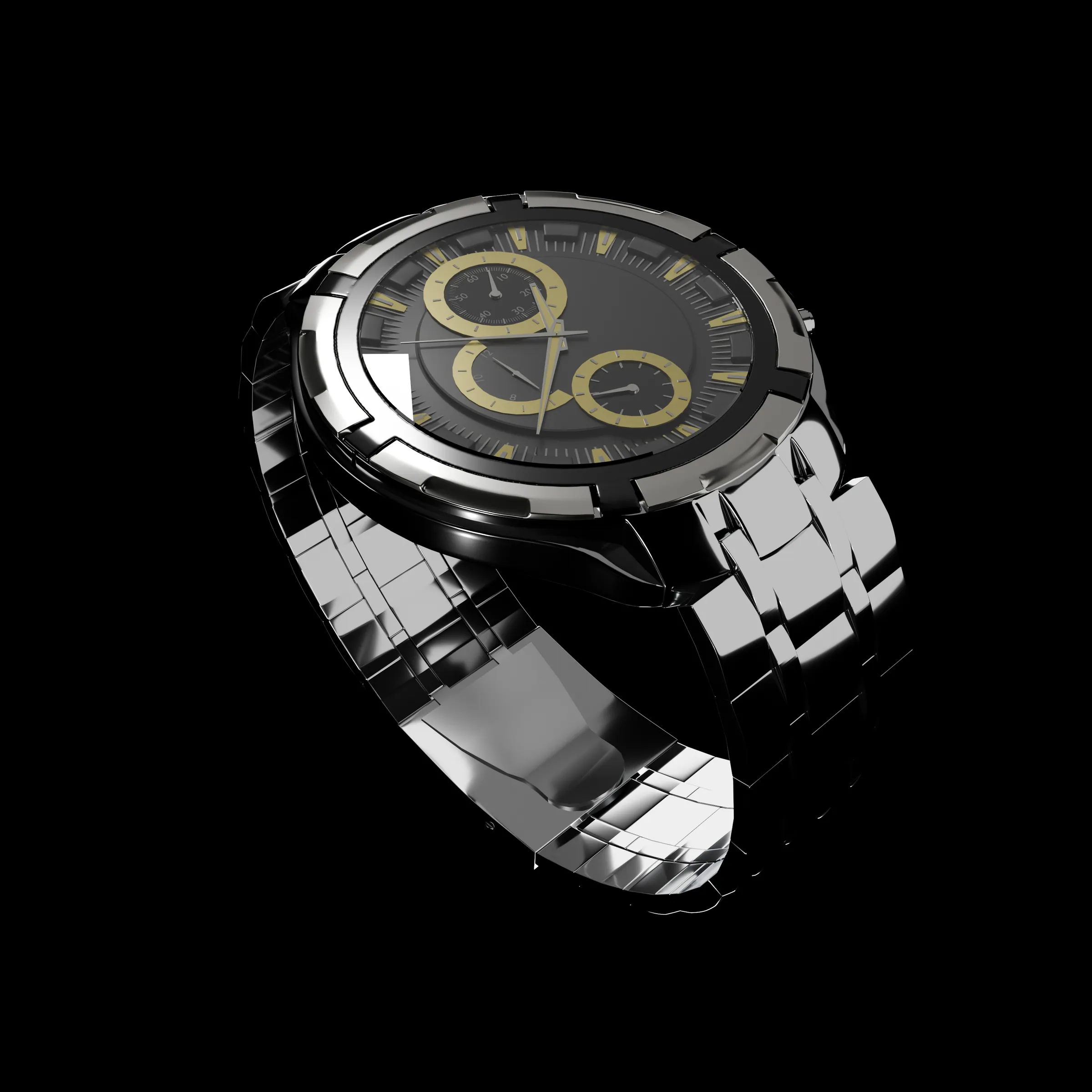 Chronograph watch product render, brushed steel case